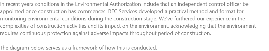 In recent years conditions in the Environmental Authorization include that an independent control officer be appointed once construction has commences. REC Services developed a practical method and format for monitoring environmental conditions during the construction stage. We've furthered our experience in the complexities of construction activities and its impact on the environment, acknowledging that the environment requires continuous protection against adverse impacts throughout period of construction. The diagram below serves as a framework of how this is conducted.